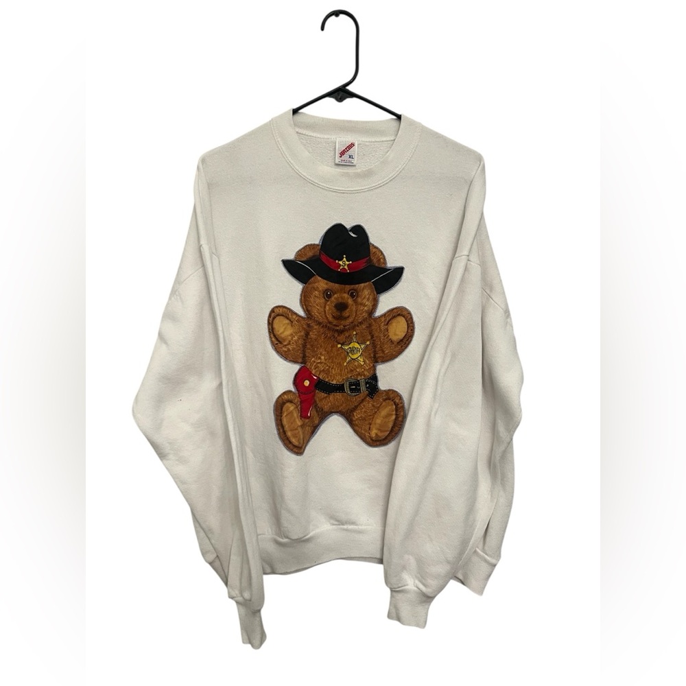 White vintage 90s Sheriff Teddy Bear Sweatshirt with‎ embroidered design